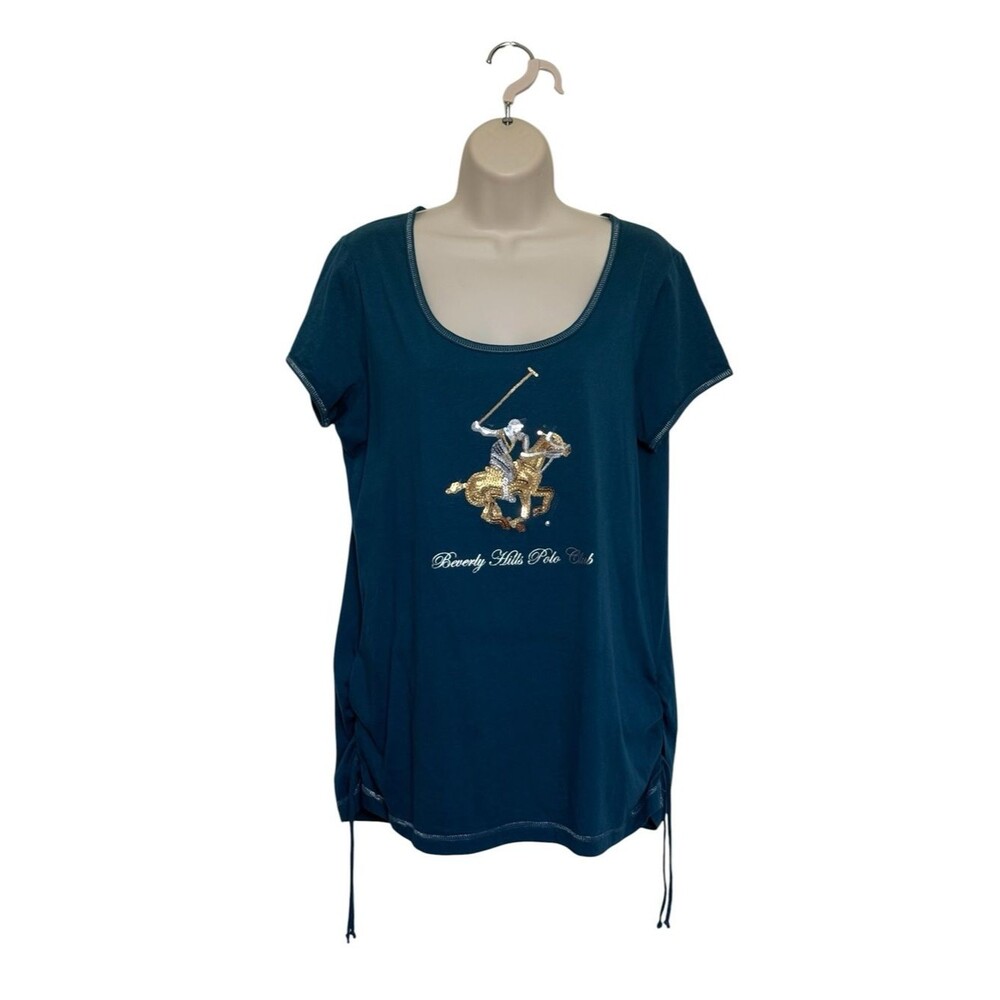 Beverly Hills Polo Club Sequin Logo Tee Side Tie Ruched Cinched Sz L